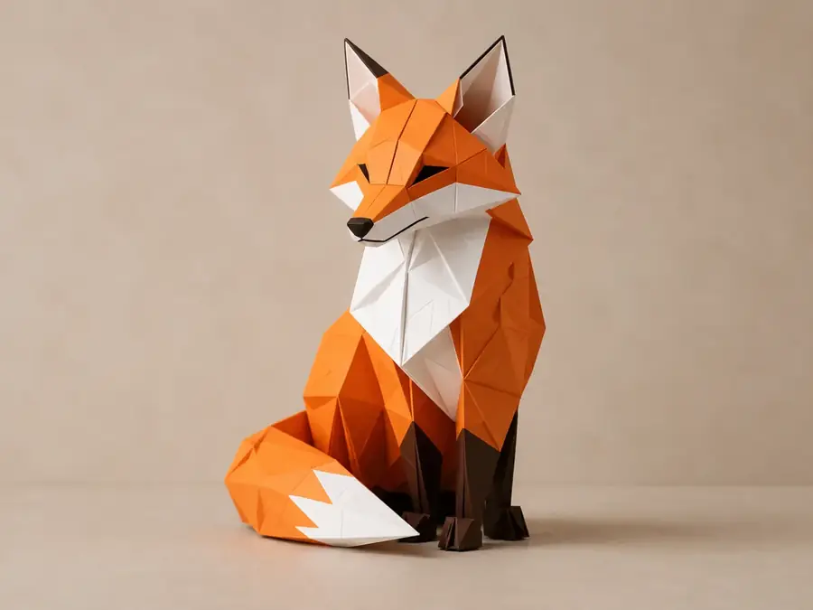 Raposa low poly montada com moldes de papel A4
